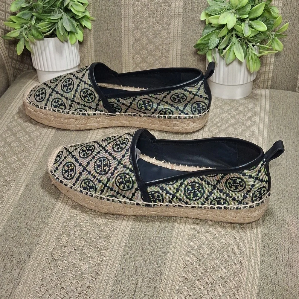 Tory Burch Beige and Black Logo Espadrilles